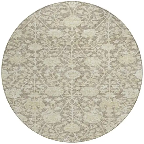 8' Brown And Beige Round Floral Washable Indoor Outdoor Area Rug Photo 5