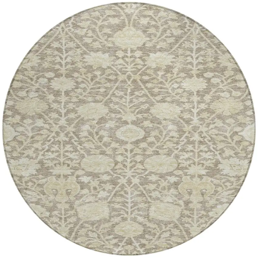 8' Brown And Beige Round Floral Washable Indoor Outdoor Area Rug Photo 5