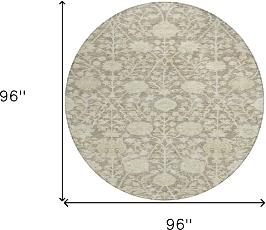 8' Brown And Beige Round Floral Washable Indoor Outdoor Area Rug Photo 9