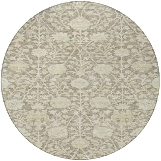 8' Brown And Beige Round Floral Washable Indoor Outdoor Area Rug Photo 6