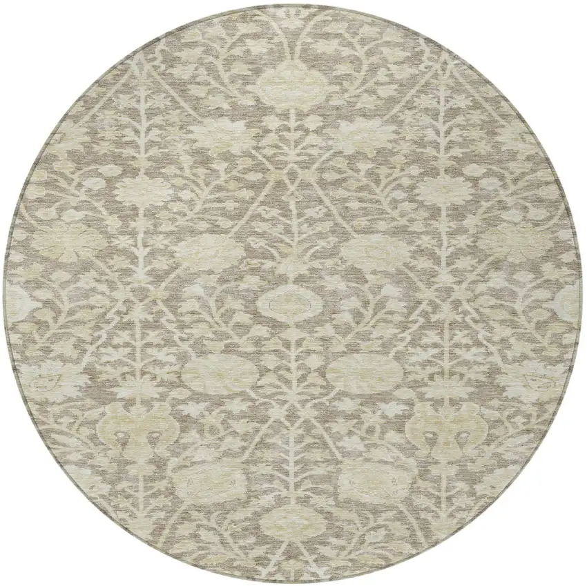8' Brown And Beige Round Floral Washable Indoor Outdoor Area Rug Photo 6