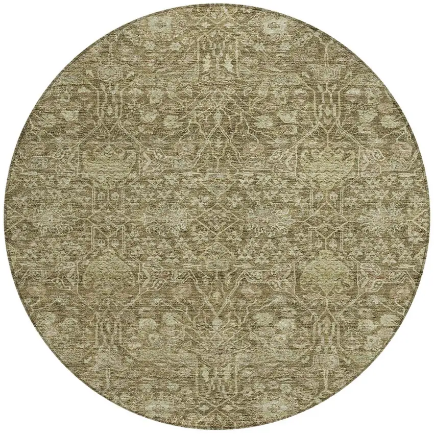 8' Brown And Beige Round Floral Washable Indoor Outdoor Area Rug Photo 6