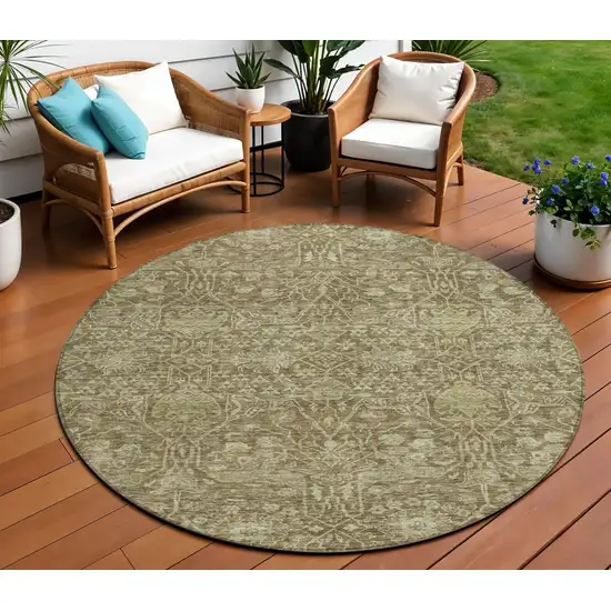 8' Brown And Beige Round Floral Washable Indoor Outdoor Area Rug Photo 1