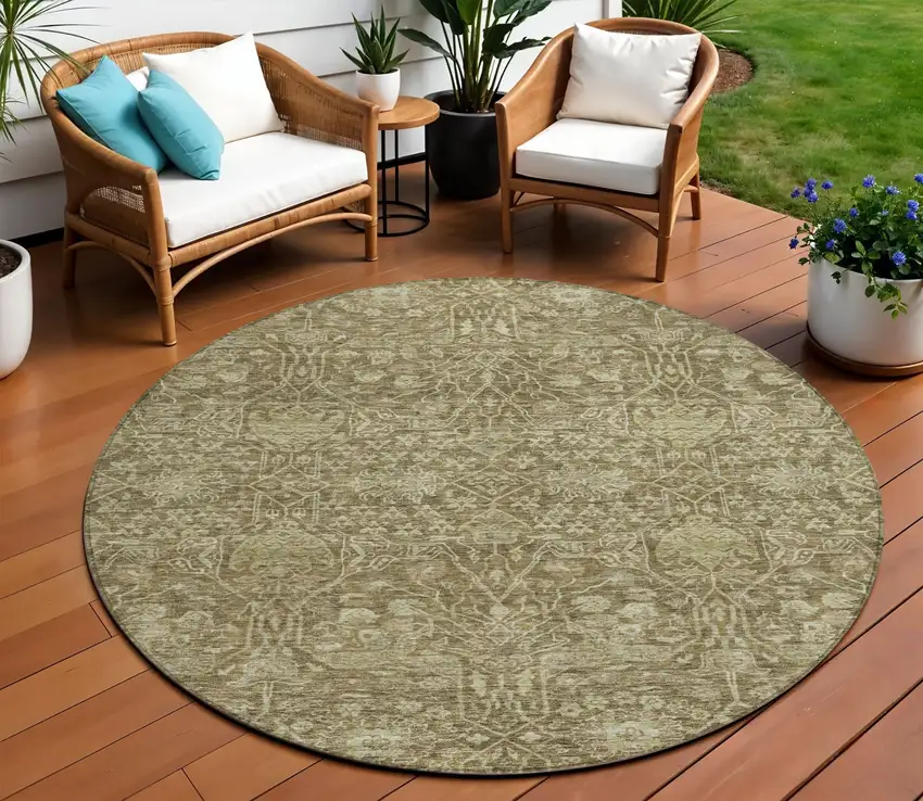 8' Brown And Beige Round Floral Washable Indoor Outdoor Area Rug Photo 1