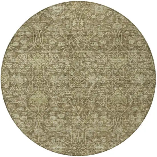 8' Brown And Beige Round Floral Washable Indoor Outdoor Area Rug Photo 7