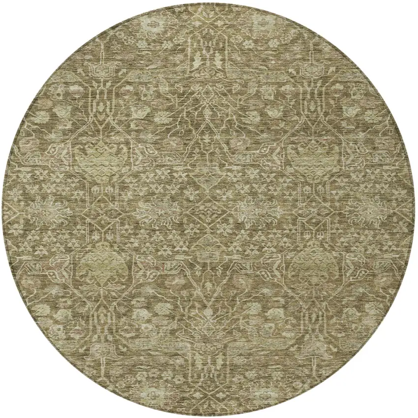 8' Brown And Beige Round Floral Washable Indoor Outdoor Area Rug Photo 7