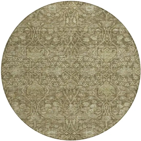 8' Brown And Beige Round Floral Washable Indoor Outdoor Area Rug Photo 2