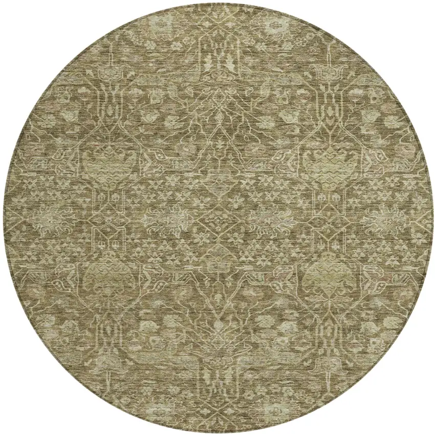 8' Brown And Beige Round Floral Washable Indoor Outdoor Area Rug Photo 2