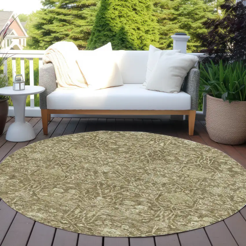 8' Brown And Beige Round Floral Washable Indoor Outdoor Area Rug Photo 8
