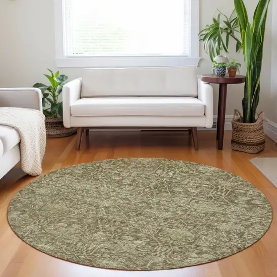 8' Brown And Beige Round Floral Washable Indoor Outdoor Area Rug Photo 9