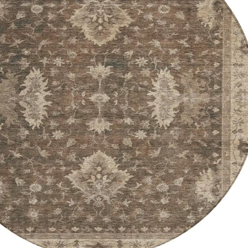 8' Brown And Beige Round Floral Washable Indoor Outdoor Area Rug Photo 4