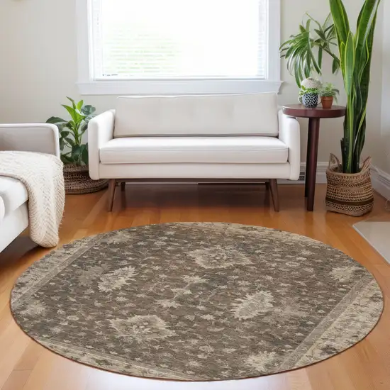 8' Brown And Beige Round Floral Washable Indoor Outdoor Area Rug Photo 6