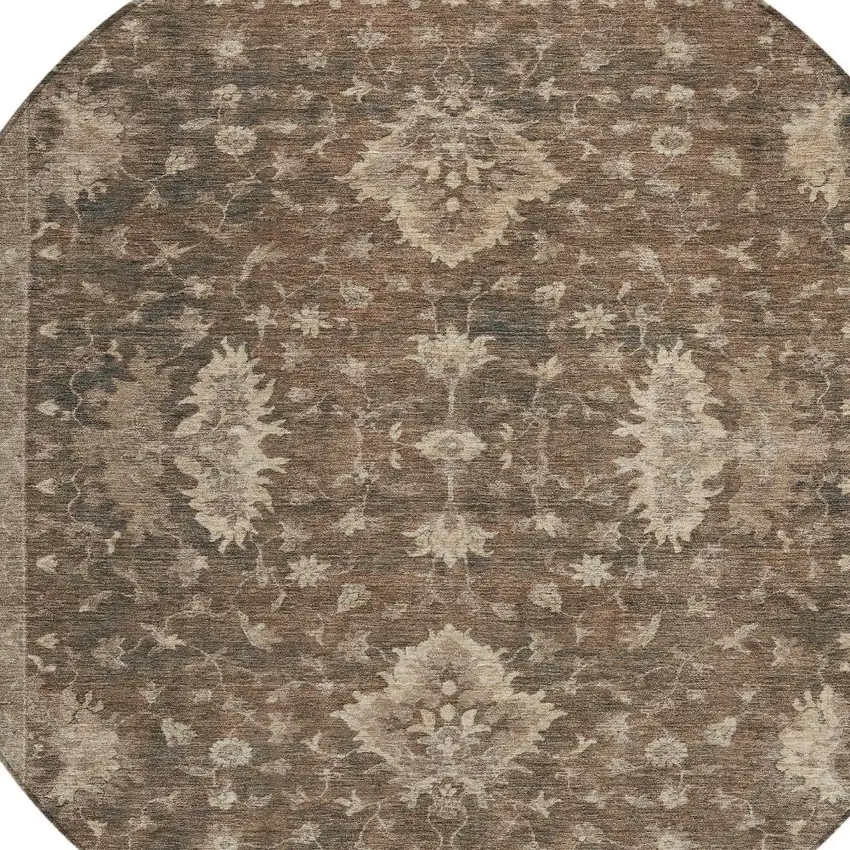8' Brown And Beige Round Floral Washable Indoor Outdoor Area Rug Photo 8