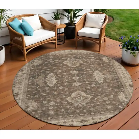 8' Brown And Beige Round Floral Washable Indoor Outdoor Area Rug Photo 2