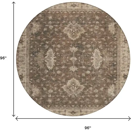 8' Brown And Beige Round Floral Washable Indoor Outdoor Area Rug Photo 9