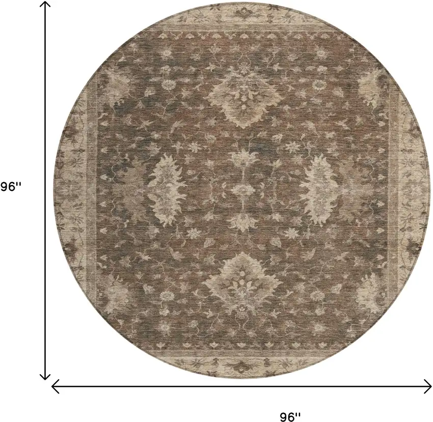 8' Brown And Beige Round Floral Washable Indoor Outdoor Area Rug Photo 9