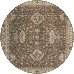 Photo of 8' Brown And Beige Round Floral Washable Indoor Outdoor Area Rug