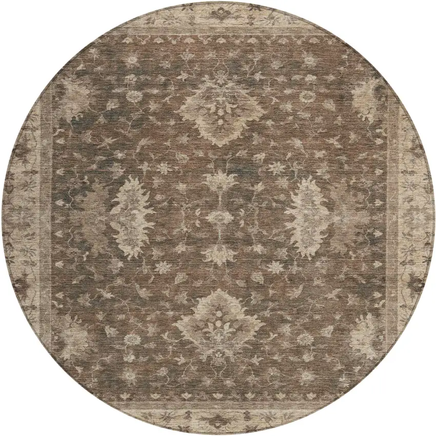8' Brown And Beige Round Floral Washable Indoor Outdoor Area Rug Photo 1