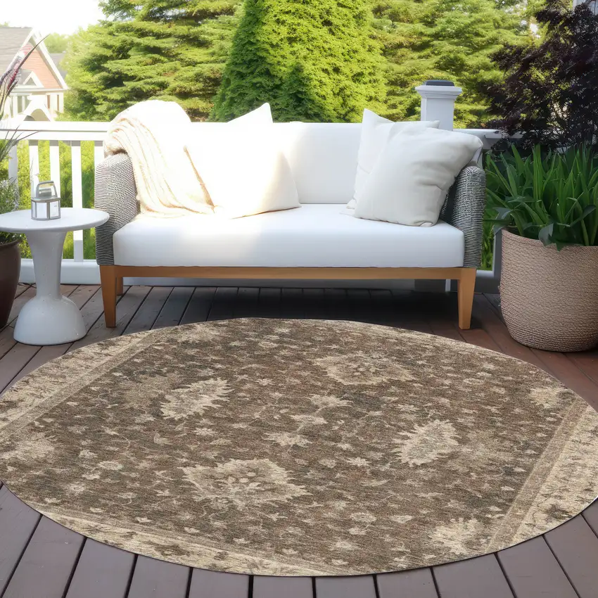 8' Brown And Beige Round Floral Washable Indoor Outdoor Area Rug Photo 5
