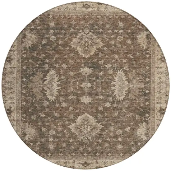 8' Brown And Beige Round Floral Washable Indoor Outdoor Area Rug Photo 3