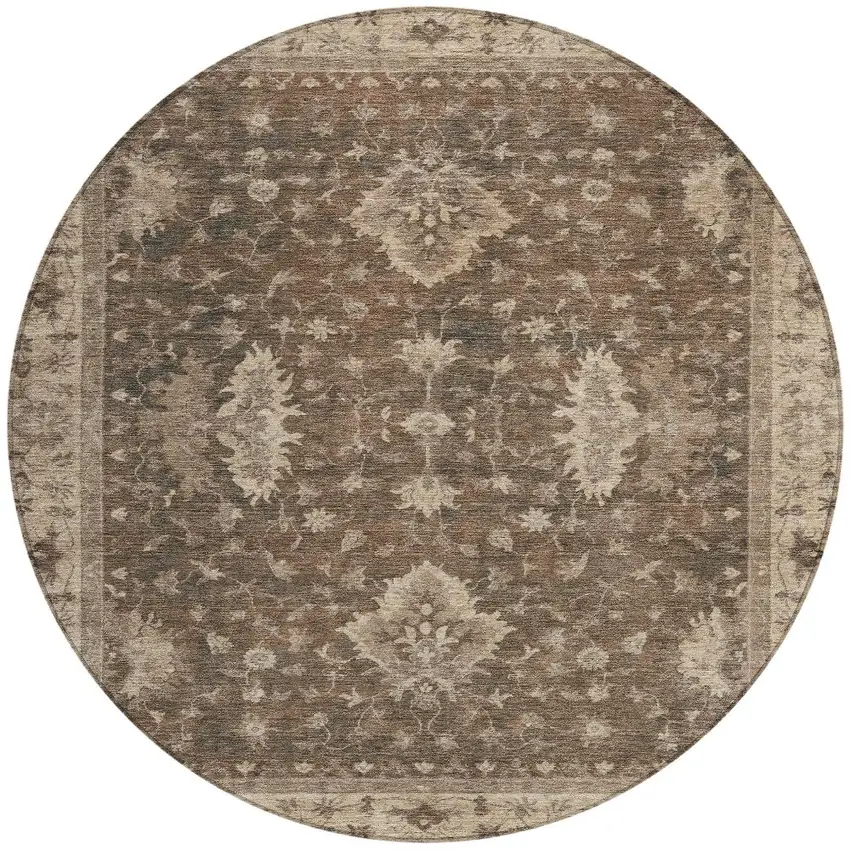 8' Brown And Beige Round Floral Washable Indoor Outdoor Area Rug Photo 3