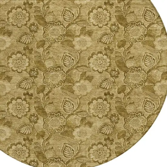 8' Brown And Beige Round Floral Washable Indoor Outdoor Area Rug Photo 4