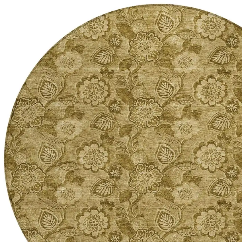 8' Brown And Beige Round Floral Washable Indoor Outdoor Area Rug Photo 8
