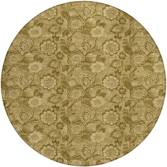 8' Brown And Beige Round Floral Washable Indoor Outdoor Area Rug Photo 1