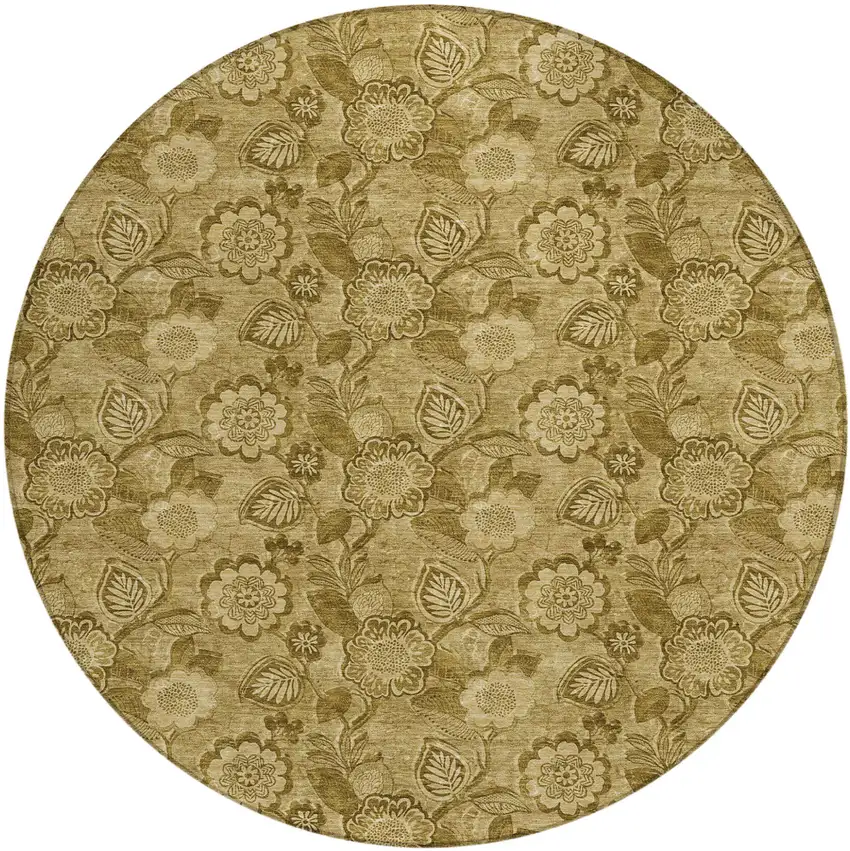 8' Brown And Beige Round Floral Washable Indoor Outdoor Area Rug Photo 1