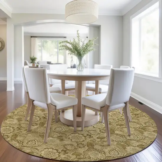 8' Brown And Beige Round Floral Washable Indoor Outdoor Area Rug Photo 6
