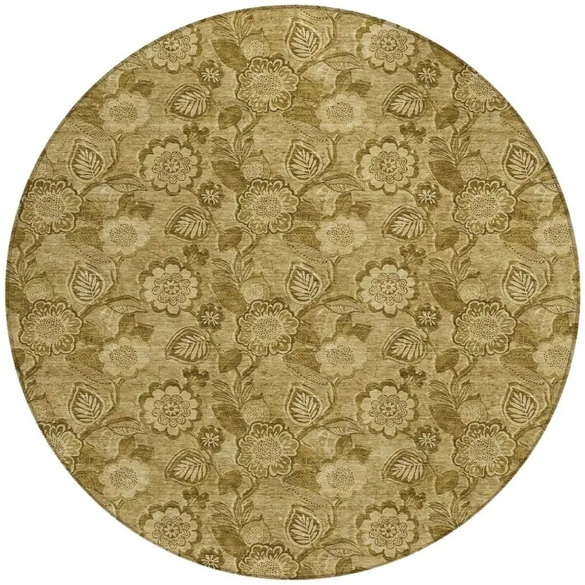 8' Brown And Beige Round Floral Washable Indoor Outdoor Area Rug Photo 3