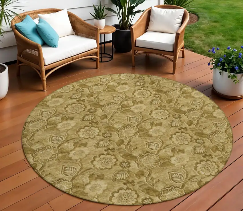 8' Brown And Beige Round Floral Washable Indoor Outdoor Area Rug Photo 2
