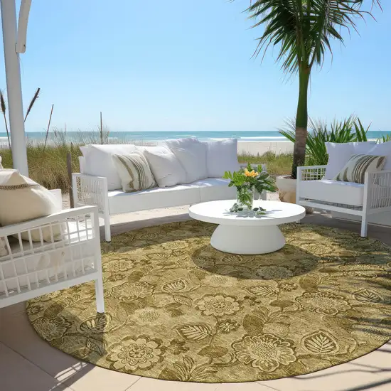 8' Brown And Beige Round Floral Washable Indoor Outdoor Area Rug Photo 5