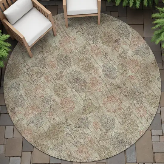8' Brown And Beige Round Floral Washable Indoor Outdoor Area Rug Photo 6