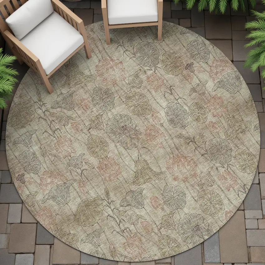 8' Brown And Beige Round Floral Washable Indoor Outdoor Area Rug Photo 6