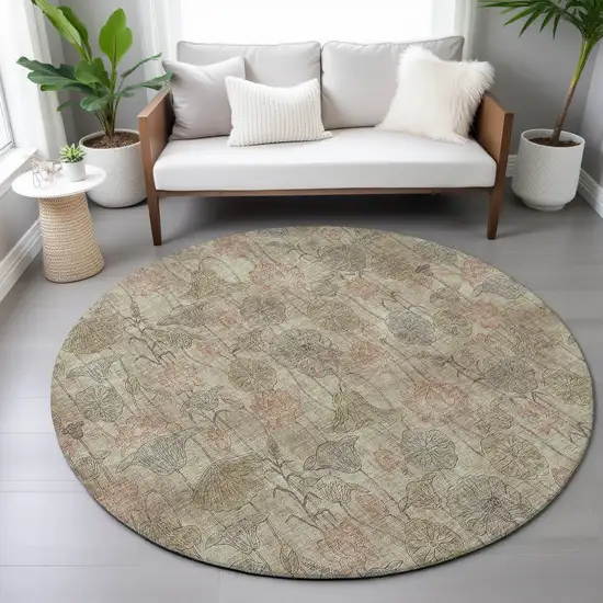 8' Brown And Beige Round Floral Washable Indoor Outdoor Area Rug Photo 7
