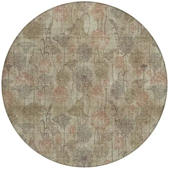 8' Brown And Beige Round Floral Washable Indoor Outdoor Area Rug Photo 3