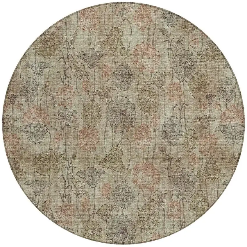 8' Brown And Beige Round Floral Washable Indoor Outdoor Area Rug Photo 3