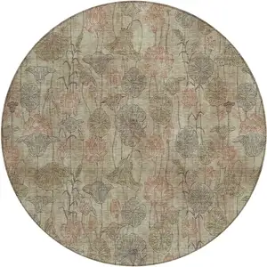 Photo of 8' Brown And Beige Round Floral Washable Indoor Outdoor Area Rug