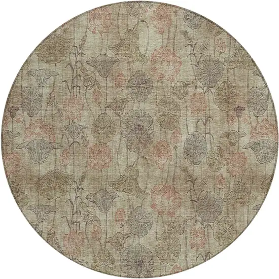 8' Brown And Beige Round Floral Washable Indoor Outdoor Area Rug Photo 1