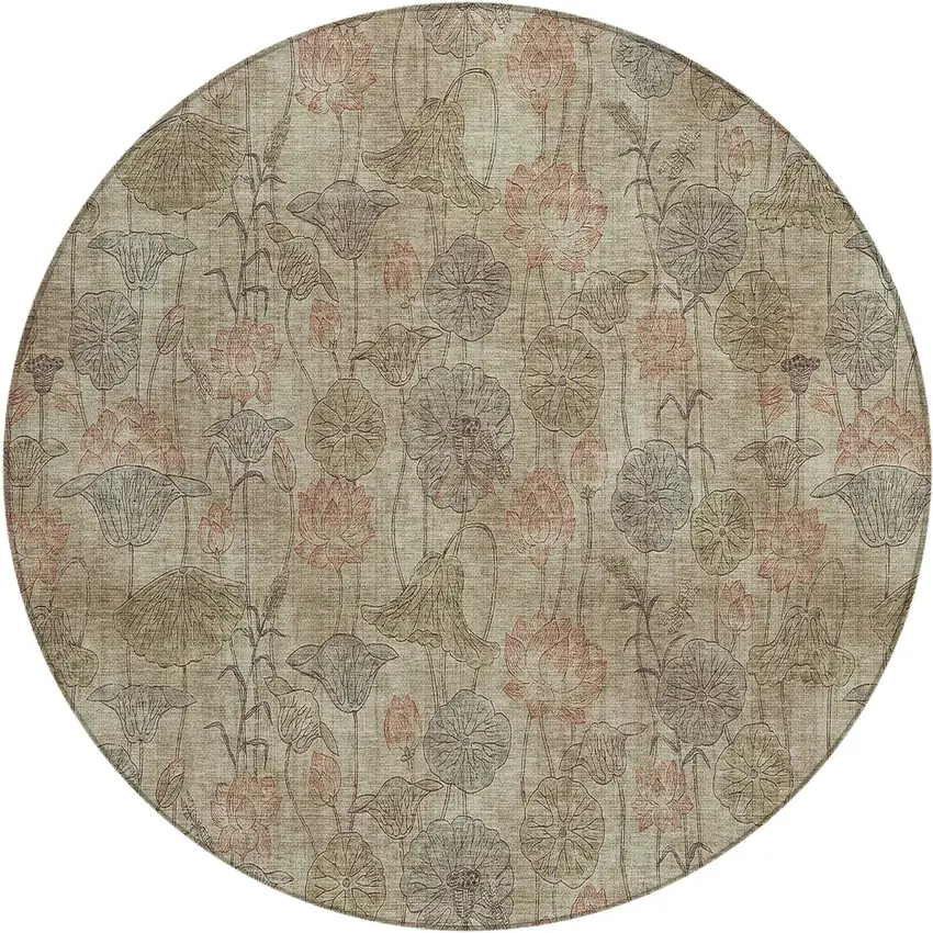 8' Brown And Beige Round Floral Washable Indoor Outdoor Area Rug Photo 1