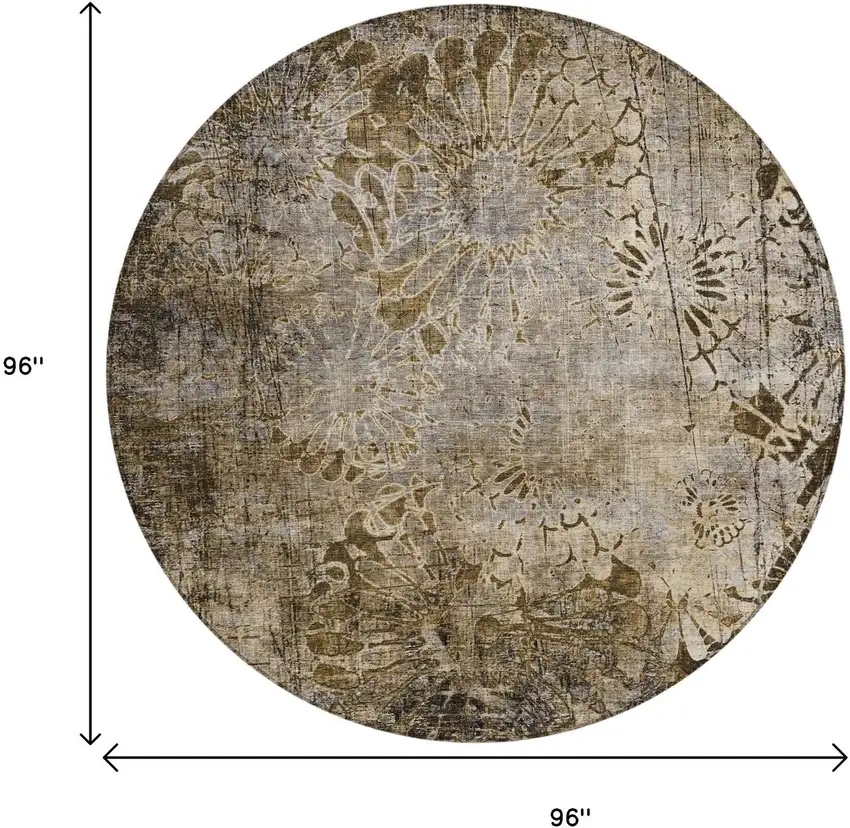 8' Brown And Beige Round Floral Washable Indoor Outdoor Area Rug Photo 3