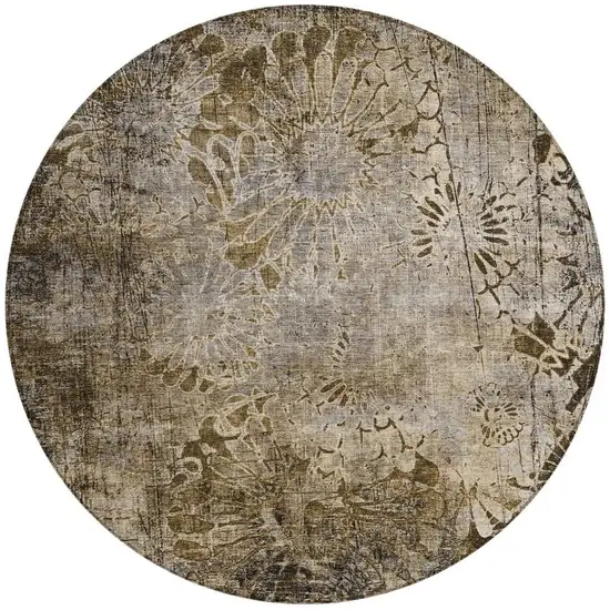 8' Brown And Beige Round Floral Washable Indoor Outdoor Area Rug Photo 4