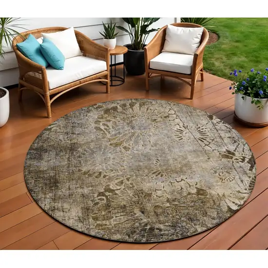 8' Brown And Beige Round Floral Washable Indoor Outdoor Area Rug Photo 1