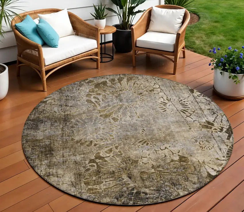 8' Brown And Beige Round Floral Washable Indoor Outdoor Area Rug Photo 1