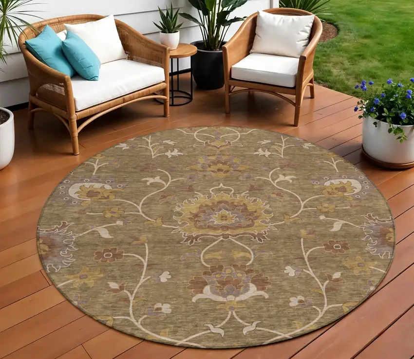 8' Brown And Beige Round Floral Washable Indoor Outdoor Area Rug Photo 1