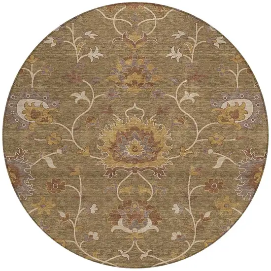 8' Brown And Beige Round Floral Washable Indoor Outdoor Area Rug Photo 4