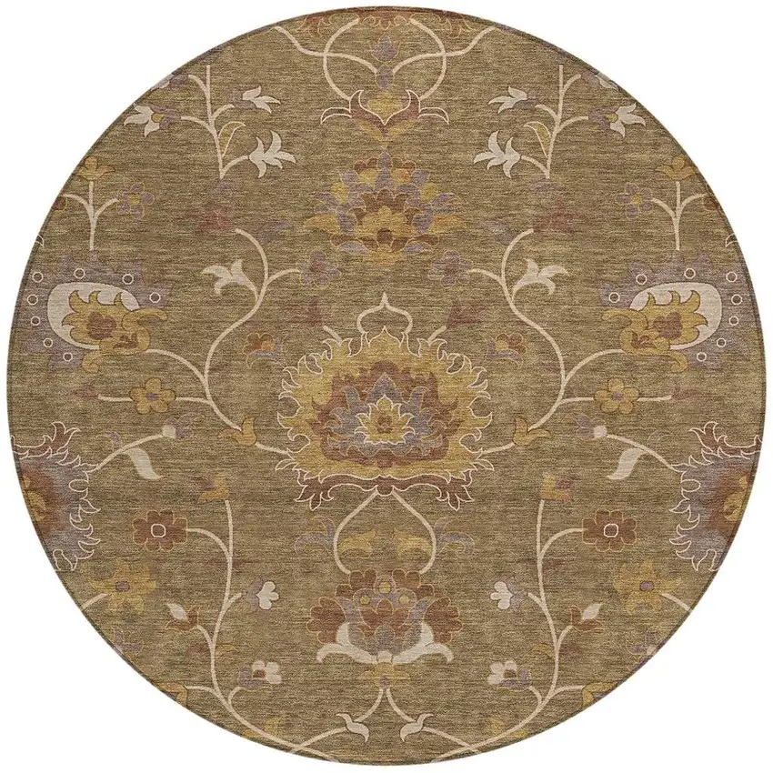 8' Brown And Beige Round Floral Washable Indoor Outdoor Area Rug Photo 4