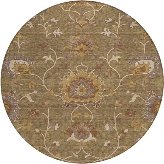 8' Brown And Beige Round Floral Washable Indoor Outdoor Area Rug Photo 2