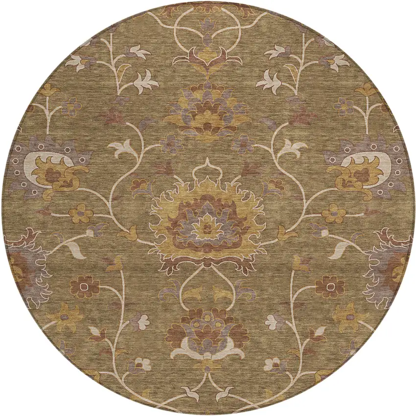 8' Brown And Beige Round Floral Washable Indoor Outdoor Area Rug Photo 2